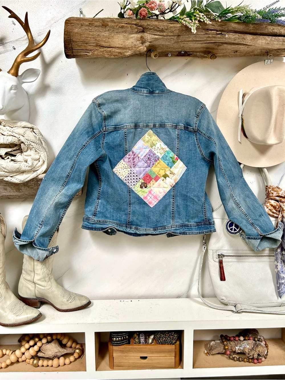 Upcycled patchwork back artisan detailing boho jean jackets w cottagecore vibe